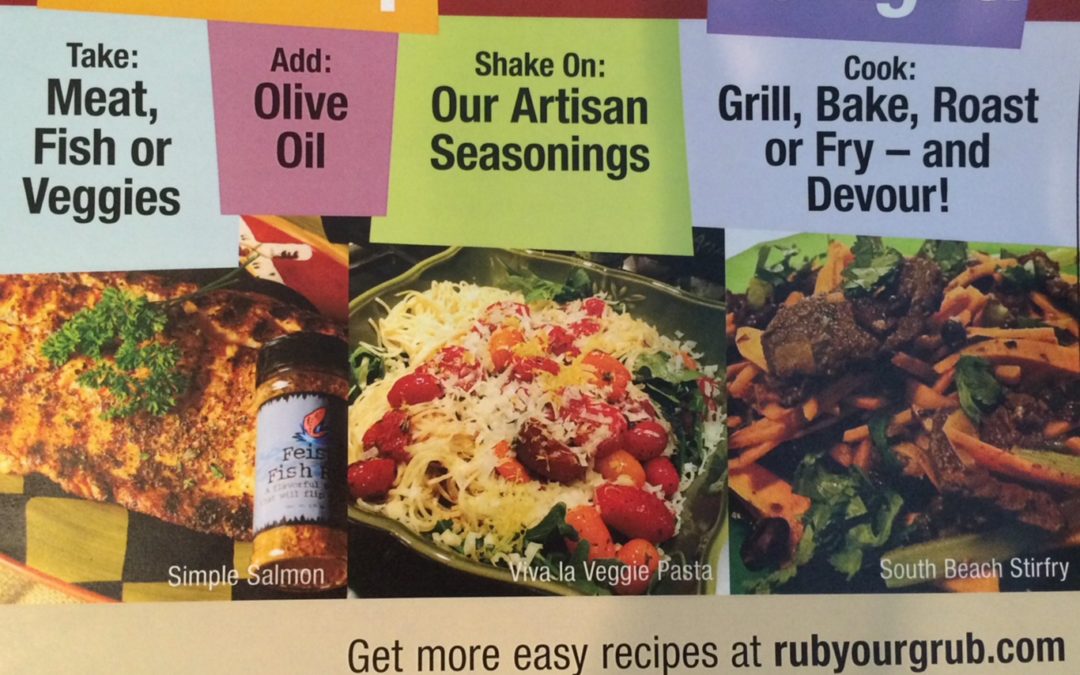 Colorful dinner seasoning ad with food photos