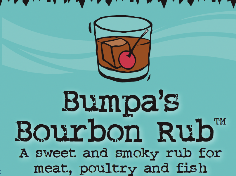 Bumpa’s Bourbon Rub spice blend label image, bourbon drink with a cherry on blue background